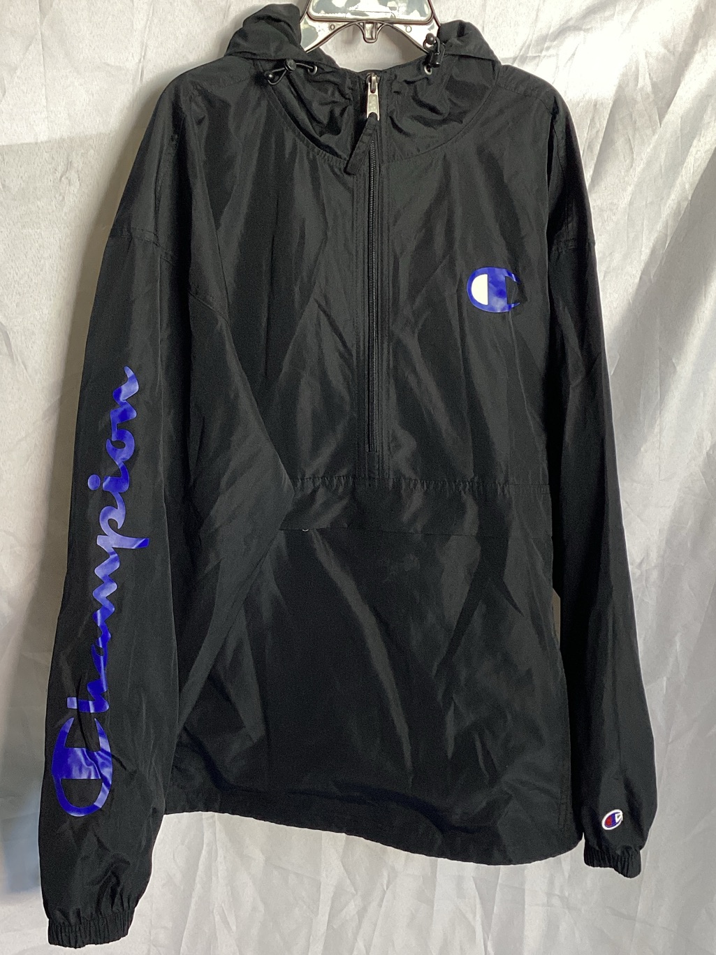 Champion Black Hooded Windbreaker With Blue Script Logo